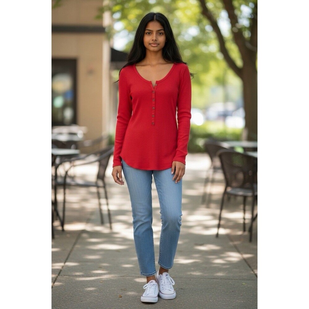 Abercrombie & Fitch Henley Top Long Sleeve Ribbed Stretch Size XL Red Y2K